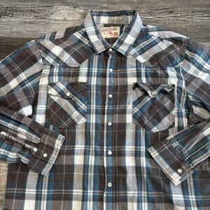 JNCO Blue Black White Mens XL‎ Plaid Retro Rockabilly Preppy Button Up Shirt